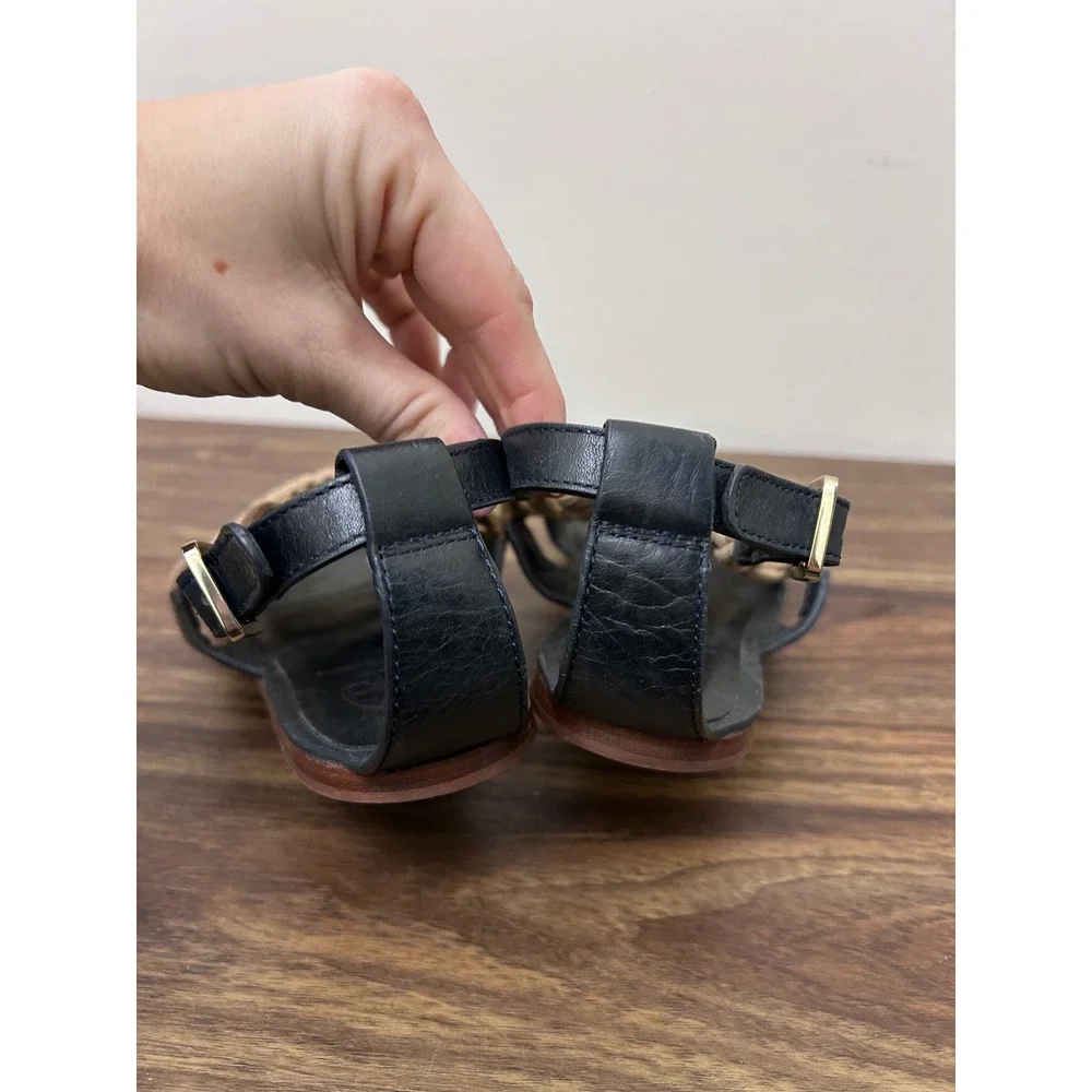 Tory Burch Black Leather Macrame Strap‎ Flat Sandals Women Size 7.5M